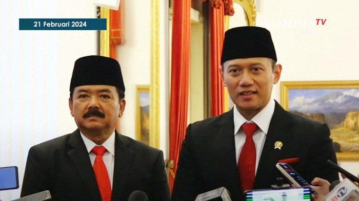 Hadi Tjahjanto (kiri) dan AHY (kanan) saat ditemui wartawan usai dilantik menjadi menteri Jokowi, Rabu (21/2/2024). Hadi Tjahjanto dilantik sebagai Menkopolhukam menggantikan Mahfud MD, sementara itu AHY dilantik sebagai Menteri ATR menggantikan Hadi Tjahjanto.