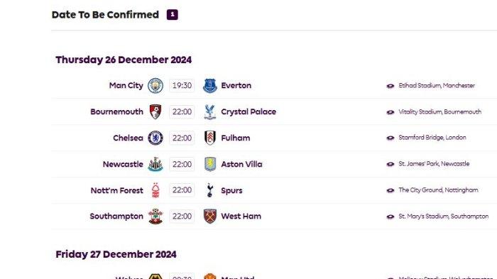 Jadwal Boxing Day Liga Inggris 2024