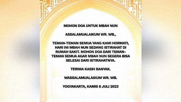Keluarga Cak Nun Mohon Doa untuk Kesembuhan Cak Nun, Netizen: Mugi Enggal Sehat Mbah