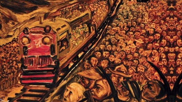 Lukisan karya Djoko Pekik berjudul Keretaku Tak Berhenti Lama (1989)