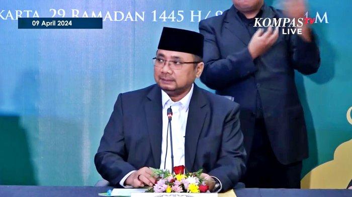 Menteri Agama RI Yaqut Cholil Qoumas dalam konferensi pers penetapan 1 Syawal 1445 H Kemenag RI melalui siaran langsung YouTube Kemenag RI pada Selasa (9/4/2024) malam.