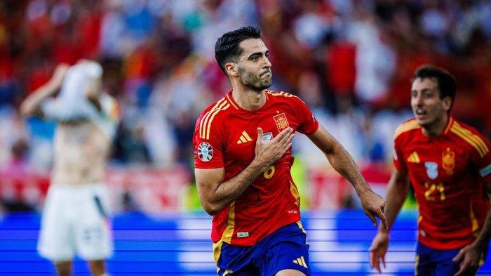 Gaya Mikel Merino setelah melesakkan sundulan ke gawang Jerman di babak perempat final Euro 2024, Sabtu (6/7/2024) . Gol di menit ke-119 itu menghantarkan Spanyol menuju semifinal
