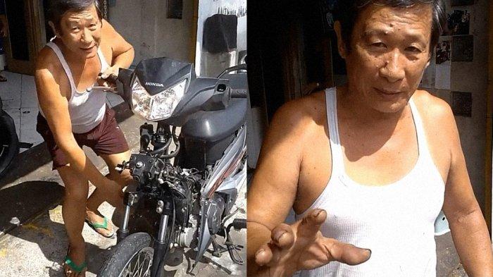 Nata Heru Susilo (67), pemilik bengkel motor Sumber Jaya Sakti, viral di media sosial usai atraksi berkendara lepas tangan