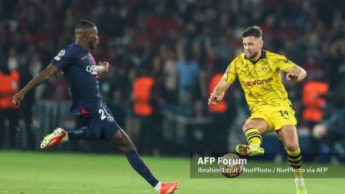 Nuno Mendes vs Niclas Fullkrug di Liga Champions antara PSG vs Borussia Dortmund di Parc Stadion des Princes di Paris.