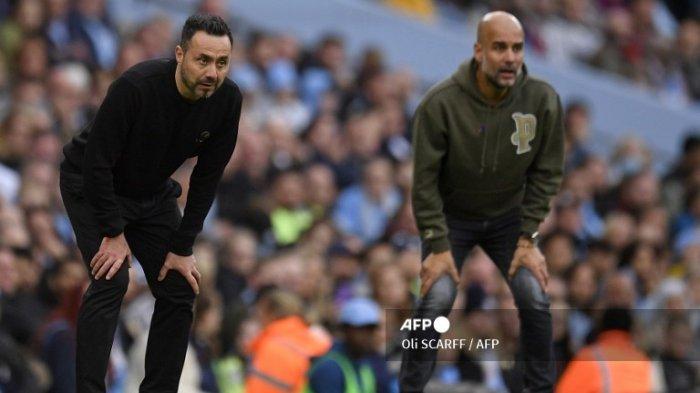 Pelatih Brighton Italia Roberto De Zerbi dan Manchester City Pep Guardiola di Liga Inggris antara Manchester City vs Brighton dan Hove Albion di Stadion Etihad di Manchester, barat laut Inggris, pada 22 Oktober 2022.