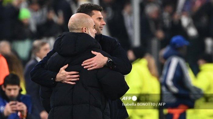 Pep Guardiola dan Thiago Motta di Liga Champions antara Juventus vs Manchester City di stadion Allianz di Turin, 11 Desember 2024.