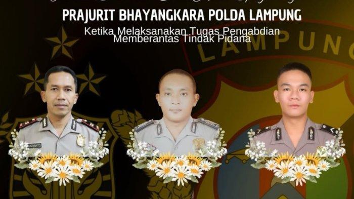 TIGA TEWAS: (Dari kiri ke kanan) Kapolsek Negara Batin, Iptu Lusiyanto; Bripka Petrus Apriyanto dari Polsek Negara Batin dan Bripda M Ghalib Surya Ganta dari Satreskrim Polres Way Kanan. Ketiganya tewas setelah adu tembak saat menggerebk judi sabung ayam di Kampung Karang Manik, Negara Batin, Way Kanan, Lampung, Senin (17/3/2025)