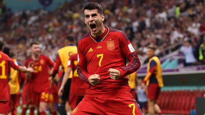 Selebrasi penyerang Spanyol, Alvaro Morata seusai mencetak gol ke gawang Jerman pada matchday kedua Grup E Piala Dunia 2022 itu di Stadion Al Bayt, Kota Al Khor, Qatar, pada Senin (28/11/2022).