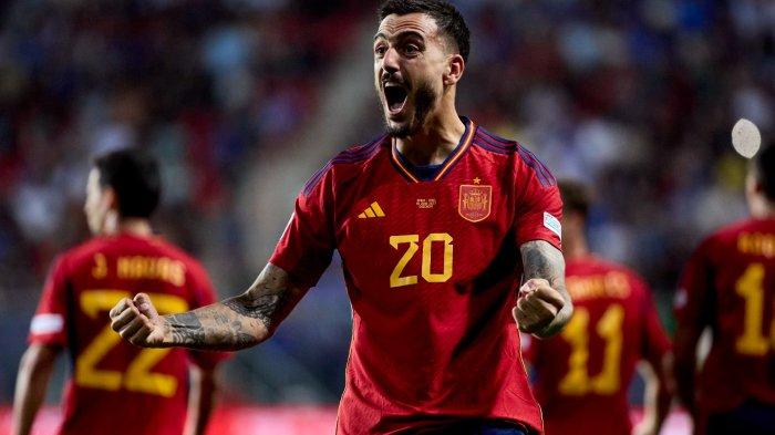 Selebrasi pemain Spanyol, Joselu, usai mencetak gol ke gawang Italia di semifinal Nations League, Jumat (16/6/2023) dini hari WIB.
