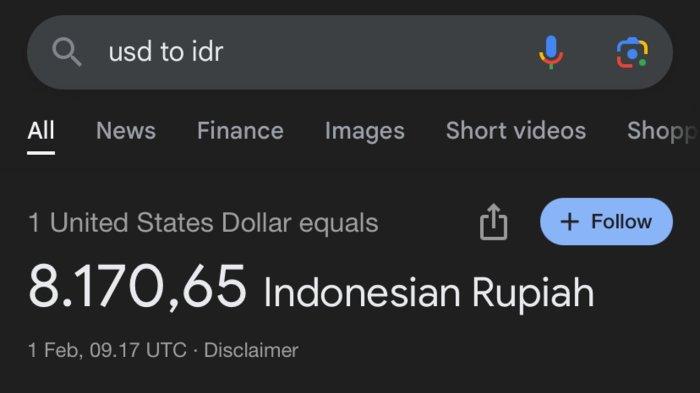 VIRAL USD to IDR Rp 8 Ribu - Tangkapan layar di Google pada Sabtu (1/2/2025) pukul 18.30 WIB.