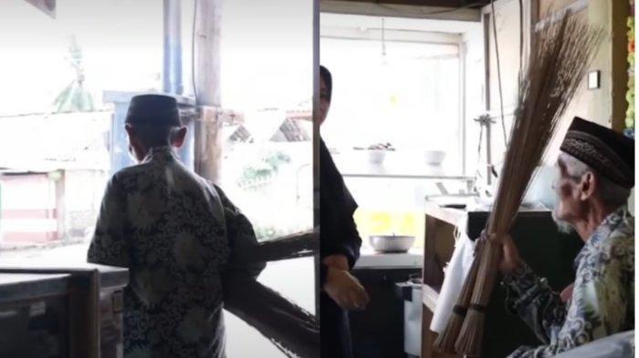 Viral seorang kakek berusia 82 tahun barter sapu lidi dagangannya dengan sebungkus nasi.