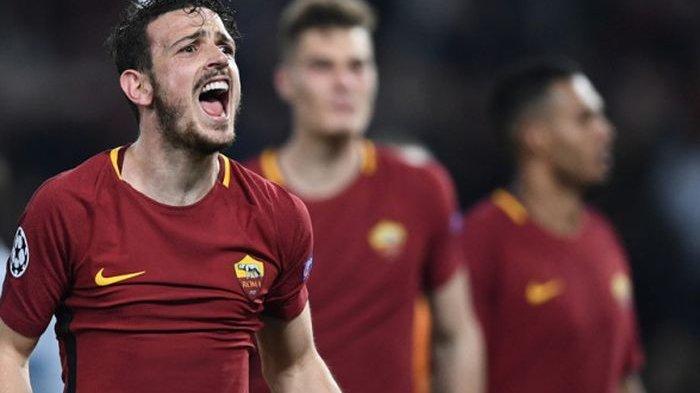 Alessandro Florenzi merayakan keberhasilan saar Roma vs Barcelona di perempat final Liga Champions 2017-2018 di Stadio Olimpico, Roma, Italia, pada 10 April 2018.