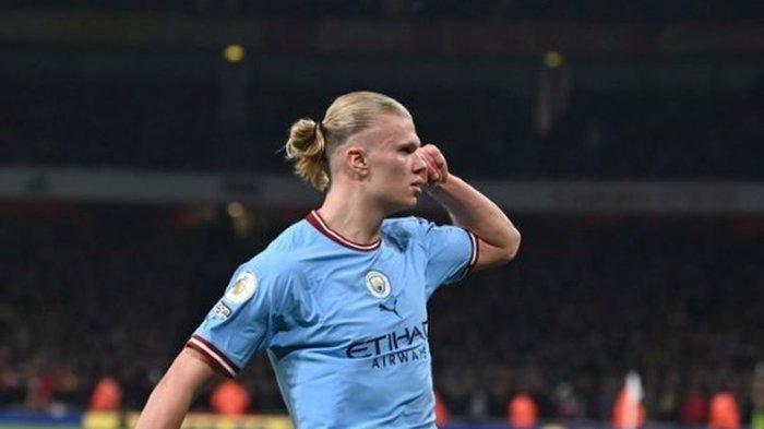 Striker Manchester City, Erling Haaland, berhasil menjebol gawang Arsenal pada menit ke-82 dalam laga Arsenal vs Man City di pentas Liga Inggris, Kamis (16/2/2023) dini hari WIB di Emirates Stadium.
