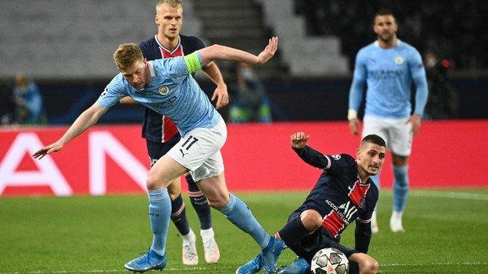 Kevin De Bruyne dan Marco Verratti di semifinal leg pertama Liga Champions PSG vs Manchester City di Parc des Stadion pangeran di Paris pada 28 April 2021.