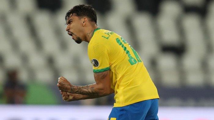 Selebrasi pemain Brasil, Lucas Paqueta usai mencetak gol ke gawang Peru pada laga semifinal Copa America 2021 di Estádio Nilton Santos, Rio de Janeiro, pada Selasa (6/7/2021) pagi WIB.