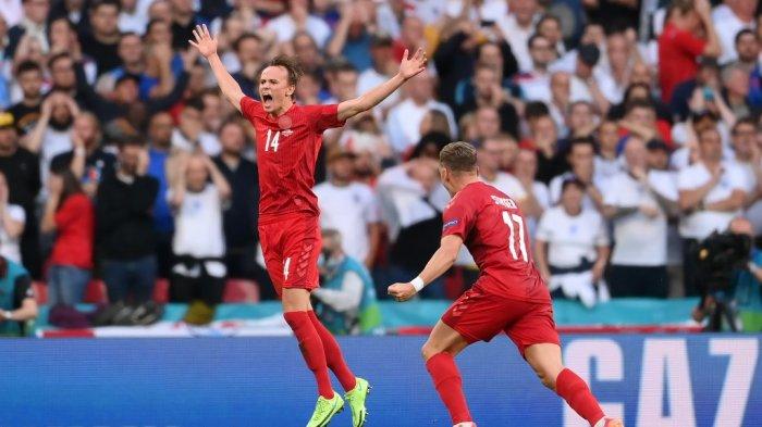 Selebrasi pemain muda Denmark, Mikkel Damsgaard usai mencetak gol ke gawang Inggris pada babak semifinal Euro 2020 lalu.