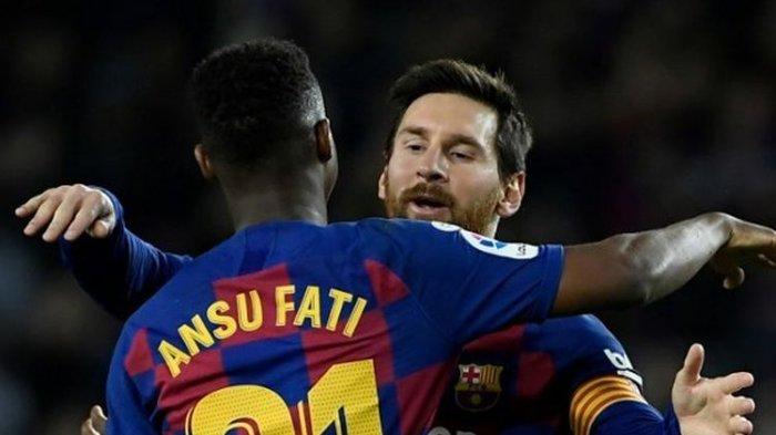 Pemain Barcelona, Ansu Fati merayakan golnya dengan Lionel Messi ke gawang Levante pada Minggu (2/2/2020) atau Senin dini hari WIB di Camp Nou.