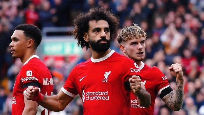 Mohamed Salah saat selebrasi gol bersama Liverpool di laga Derby Merseyside melawan Everton
