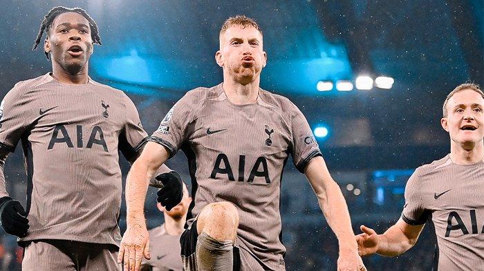 Selebrasi pemain Tottenham Hotspur Dejan Kulusevski saat cetak gol ke gawang Manchester City