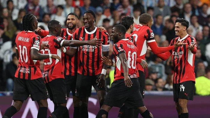 Selebrasi para pemain AC Milan saat mempermalukan Real Madrid, pada pertandingan Liga Champions di Santiago Bernabeu, Rabu (6/11/2024). (acmilan.com)