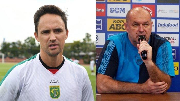 ADU TAKTIK - Pelatih Persebaya Paul Munster memberikan arahan kepada par pemain pada latihan yang berlangsung di Lapangan Thor Surabaya, Senin (18/11/2024) dan Pelatih Persib Bojan Hodak (kanan) bersama bek Nick Kuipers memberikan keterangan pada konferensi pers Persib Bandung vs PSBS Biak, di Graha Persib, Jalan Sulanjana, Kota Bandung, Kamis (8/8/2024). Prediksi skor Persebaya vs Persib di Liga 1 hari ini, momentum adu taktik Paul Munster dan Bojan Hodak di depan ribuan Bonek di GBT.