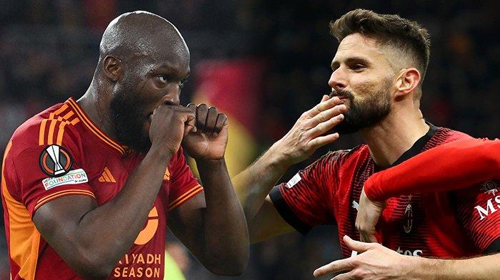 Selebrasi Romelu Lukaku dan Olivier Giroud ketika membawa AS Roma dan AC Milan menang besar di leg pertama babak 16 besar Liga Europa.