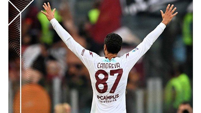 Selebrasi Antonio Candreva ketika mencetak gol pada pertandingan giornata 1 Liga Italia Serie A, antara AS Roma vs Salernitana di Stadion Olimpico, Senin (21/8/2023).