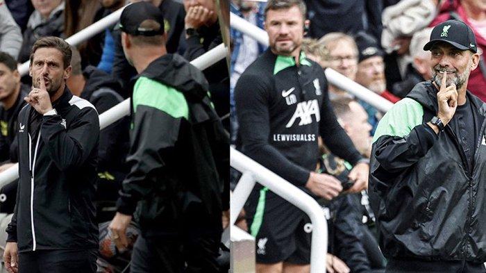 Asisten pelatih Newcastle United Jason Tindall saat memperlihatkan gestur diam kepada Juergen Klopp dan balasan Klopp saat Liverpool menang atas Newcastle United (Twitter/@snappedlfc)