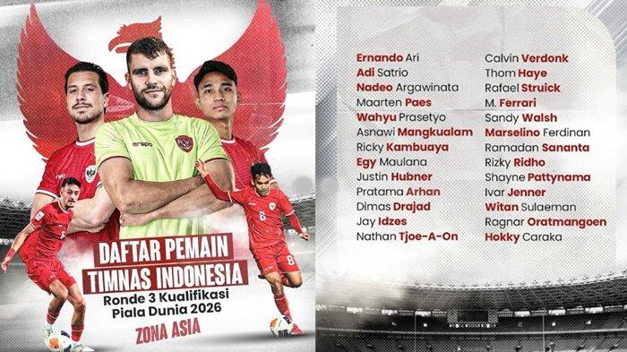 Berikut ini 26 daftar pemain Timnas Indonesia senior jelang Kualifikasi Piala Dunia 2026, tak ada pemain PSM Makassar dan Kapten Persib di Liga 1 yakni Marc Klok.