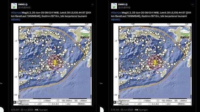 GEMPA TANIMBAR MALUKU - Dalam rilis terbarunya, BMKG sebut gempa terkini yang guncang barat laut Tanimbar, Maluku miliki magnitudo 5.3, dan tak berpotensi tsunami. Cek lokasi dan kedalam gempa bumi Tanimbar.