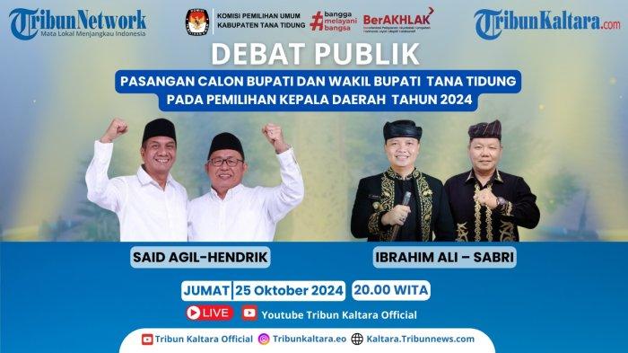Debat Pertama Pilkada Tana Tidung yang digelar KPU Tana Tidung malam ini, Jumat (25/10/2024) pukul 20.00 Wita disiarkan langsung televisi dari Jakarta.