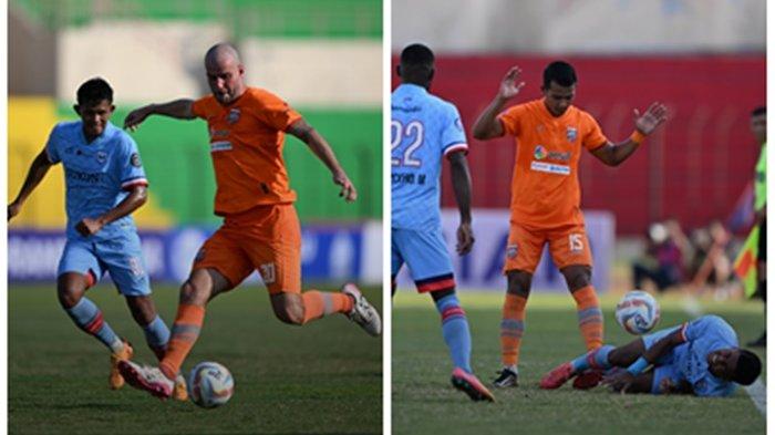 Duel pemain RANS Nusantara vs Borneo FC. Laga berhasil dimenangkan Skuad Pesut Etam dengan skor 0-1, pada Sabtu (16/12/2023), pukul 16.00 WITA.
