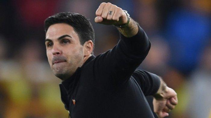 Ekspresi bahagia Mikel Arteta setelah klub asuhannya menang 2-0 atas Wolves di Liga Inggris, Minggu (13/11/2022).