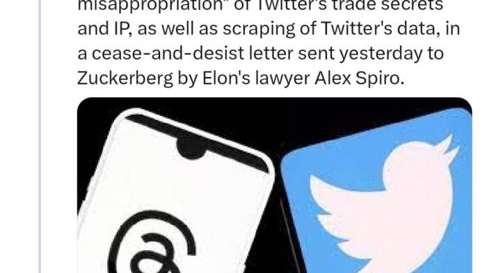 Elon Musk saat mengomentari rencana Twitter menuntut Meta atas peluncuran aplikasi Threads (tangkapan layar percakapan twitter @TitterDaily dan @elonmusk)