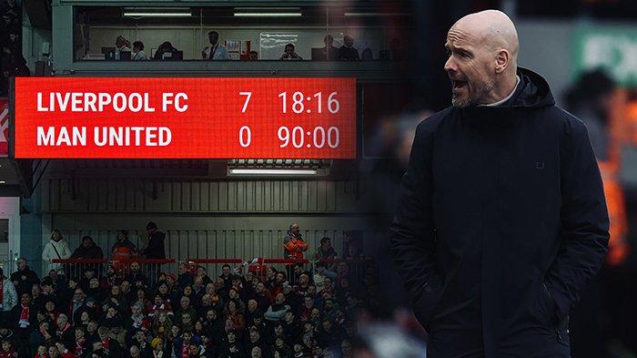 Erik Ten Hag merana saat Manchester United dihajar Liverpool tujuh gol tanpa balas di Stadion Anfield, Senin (6/3/2023). (Kolase TribunKaltara.com / Twitter / @LFC dan @ManUtd)