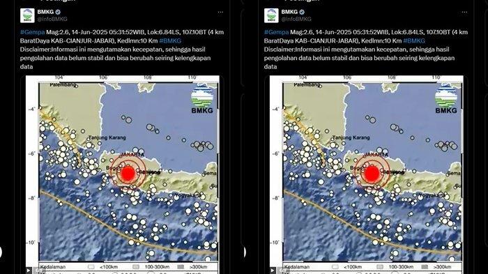 GEMPA CIANJUR JABAR - Dalam rilisnya, BMKG sebut pusat gempa terkini berada 4 km di barat daya Cianjur, Jawa Barat. Lihat magnitudo dan kedalaman gempa bumi Cianjur Jabar.