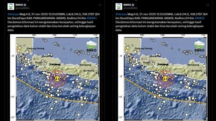 GEMPA PANGANDARAN JABAR - Baru saja kabar terbaru dari Badan Meteorologi Klimatologi dan Geofisika atau BMKG yang merilis info gempa terkini di Kabupaten Pangandaran, Provinsi Jawa Barat pada Sabtu 21 Juni 2025.