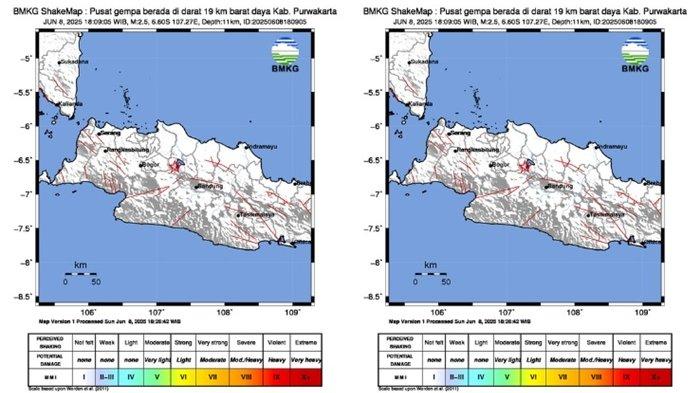 GEMPA PURWAKARTA JABAR - Simak kabar terbaru dari Badan Meteorologi Klimatologi dan Geofisika atau BMKG yang merilis info gempa terkini di Kabupaten Purwakarta, Provinsi Jawa Barat pada Minggu 8 Juni 2025 malam ini. Cek magnitudo dan pusat gempa hari ini di Purwakarta, Provinsi Jawa Barat.
