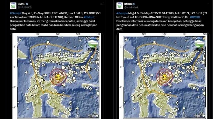 GEMPA TOJO UNA-UNA - Lihat kabar terbaru dari Badan Meteorologi Klimatologi dan Geofisika atau BMKG yang merilis info gempa terkini di Tojo Una-Una, Provinsi Sulawesi Tengah hari ini pada Kamis 15 Mei 2025. Dalam rilis terbarunya, BMKG sebut gempa terkini yang guncang timur laut Tojo Una-Una, Sulawesi Tengah miliki magnitudo 4.5.