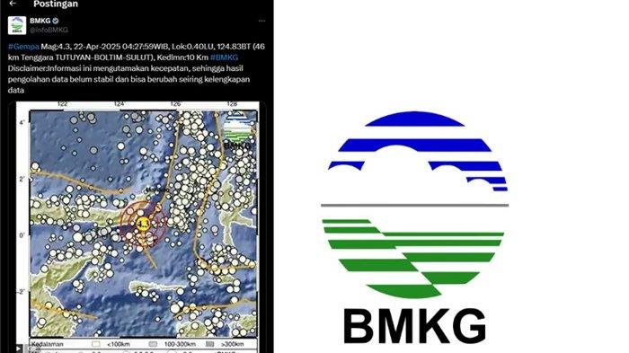 GEMPA TUTUYAN SULUT - Berikut kabar terbaru dari Badan Meteorologi Klimatologi dan Geofisika atau BMKG yang merilis informasi gempa terkini di wilayah Tutuyan, Bolaang Mongondow Timur, Provinsi Sulawesi Utara pada Selasa 22 April 2025. Informasi BMKG, gempa hari ini di tenggara Tutuyan, Bolaang Mongondow Timur memiliki magnitudo 4.3.