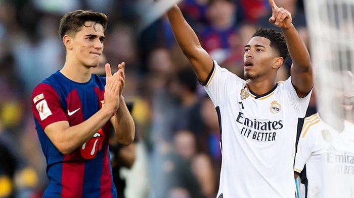 Gavi dan Jude Bellingham pada laga El Clasico Barcelona vs Real Madrid di Liga Spanyol, yang digelar di Stadion Luis Companys, Sabtu (28/10/2023). (Kolase TribunKaltara.com / Twitter / @FCBarcelona dan @realmadrid)