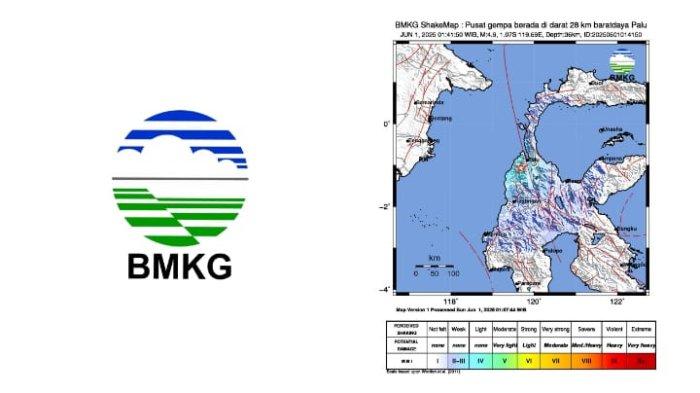 GEMPA PALU SULTENG - Tangkapan layar Badan Metereologi Klimatologi dan Geofisika, Minggu (1/6/2025). Informasi gempa hari ini dengan magnitudo 4.9 guncang Palu, Sulawesi Tengah di kedalaman 36 km.