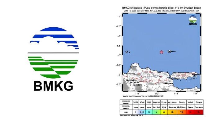 GEMPA TUBAN JATIM - Tangkapan layar Badan Metereologi Klimatologi dan Geofisika, Selasa (10/6/2025). Informasi gempa hari ini dengan magnitudo 4.5 guncang Tuban Jawa Timur di kedalaman 5 km.