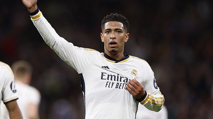 Selebrasi Jude Bellingham saat mencetak gol dalam kemenangan Real Madrid 4-0 atas Girona pada pertandingan Liga Spanyol, di Stadion Santiago Bernabeu, Minggu (11/2/2024).