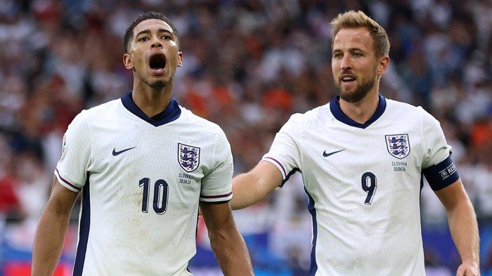 Selebrasi Jude Bellingham dan Harry Kane setelah Timnas Inggris menyingkirkan Slovakia pada babak 16 besar Piala Eropa 2024, di Arena AufSchalke, Minggu (30/6/2024). (Twitter / @EURO2024)