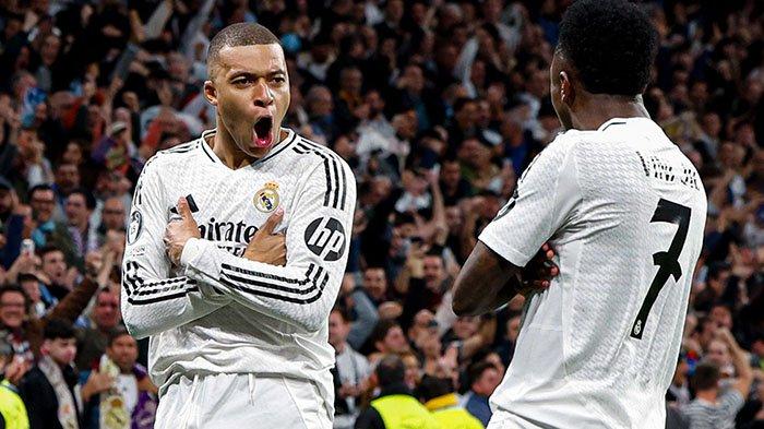 MENGHILANG - Selebrasi penyerang Real Madrid, Kylian Mbappe dan Vinicius Junior pada pertandingan Liga Champions 2024/2025. Mbappe menghilang saat sesi latihan Real Madrid jelang duel melawan Atletico Madrid, leg kedua 16 besar Liga Champions, Kamis (13/3/2025). (ARSIP - X/@championsleague)