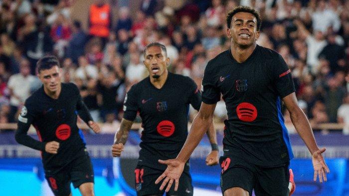 Lamine Yamal mencetak gol penghibur bagi Barcelona di matchday pertama Liga Champions melawan AS Monaco, Jumat 20/9/2024) dini hari WIB. (Twitter/@FCBarcelona)