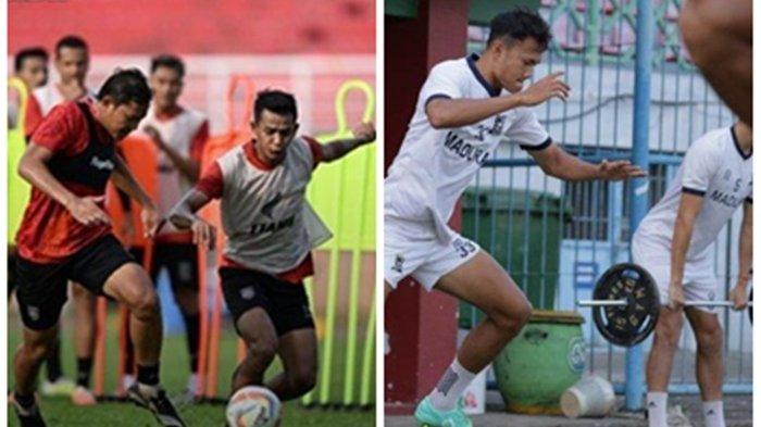 Latihan yang dilakukan oleh skuat Borneo FC 9kiri) dan Madura United (kanan). Keduanya akan berjumpa di pekan 14 Liga 1, di Stadion Gelora Madura Ratu Pamelingan, Pamekasan, pada Minggu (1/10), sore.