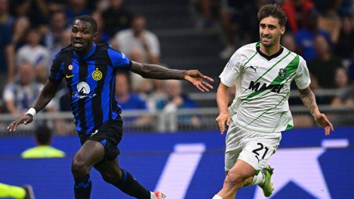 Aksi Marcus Thuram pada laga Inter Milan vs Sassuolo, giornata 6 Liga Italia Serie A, di Stadion Giuseppe Meazza, Kamis (28/9/2023).