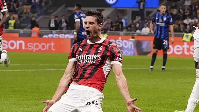 Selebrasi Matteo Gabbia ketika mencetak gol penentu kemenangan, pada Derby della Madonnina Inter Milan vs AC Milan, pekan ke-5 Liga Italia Serie A, Senin (23/9/2024).